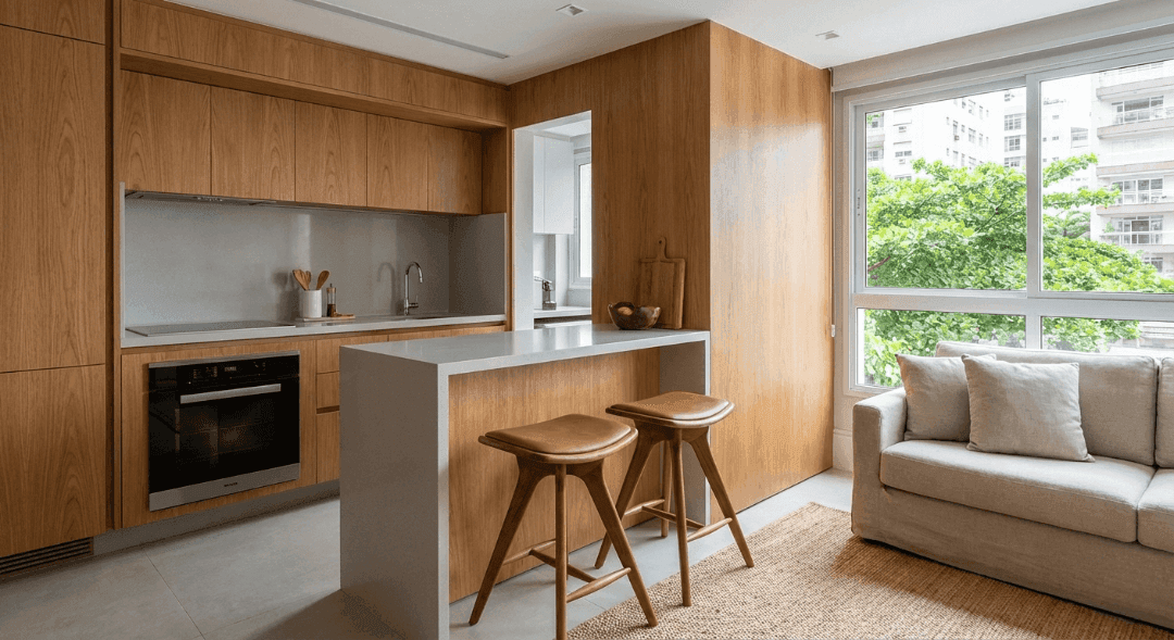Cozinha compacta do Garcya Praia Studios com armários em madeira, bancada branca com banquetas de madeira, forno embutido e integração com sala e sofá.